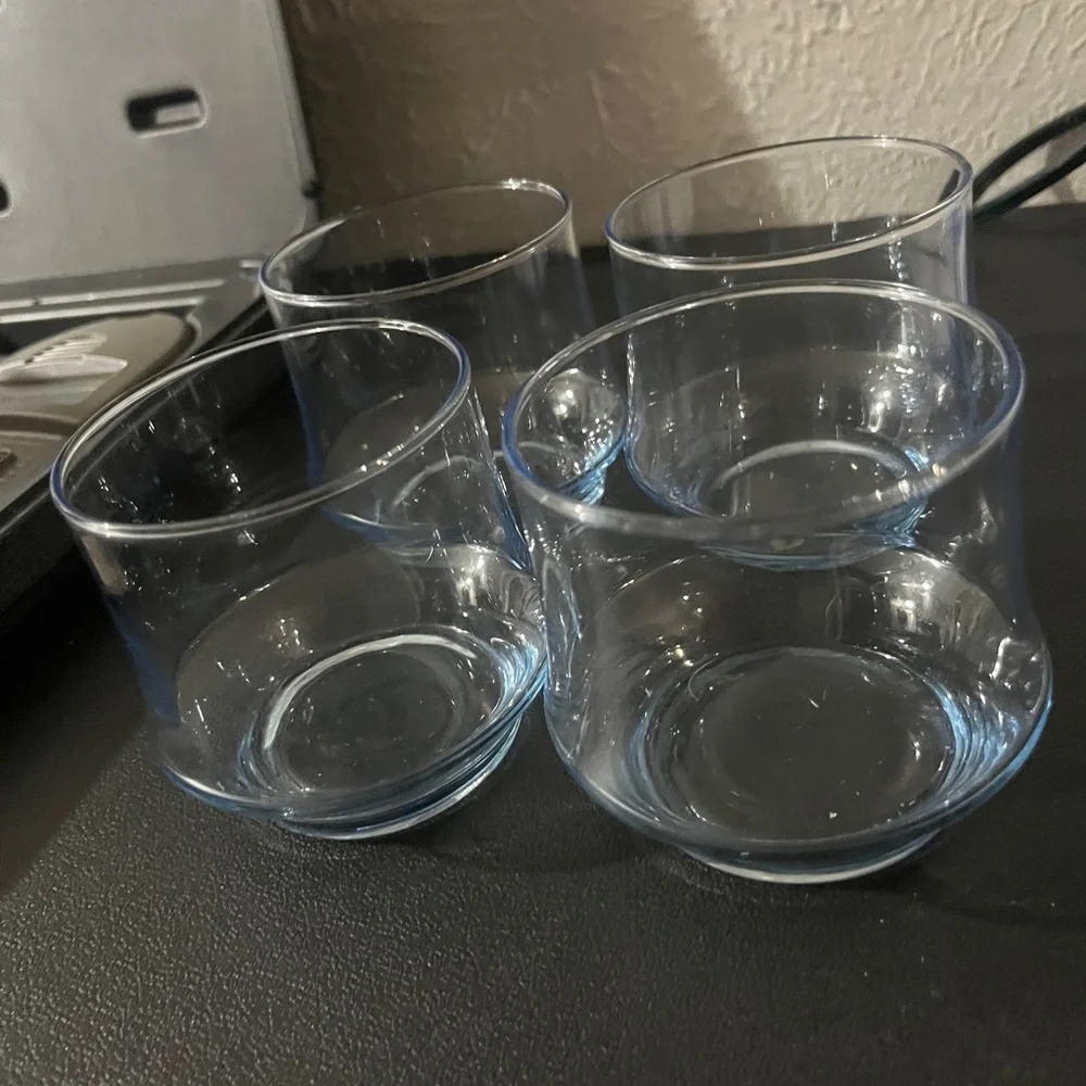 Set of 4 Light Blue Tinted Glass Tumblers Flared‎ Base Rocks Glasses MCM Style